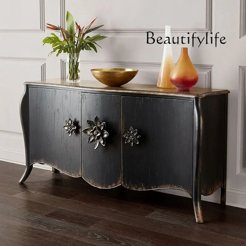 

Retro old solid wood dining side cabinet classical black decoration entrance foyer entrance storage fashion