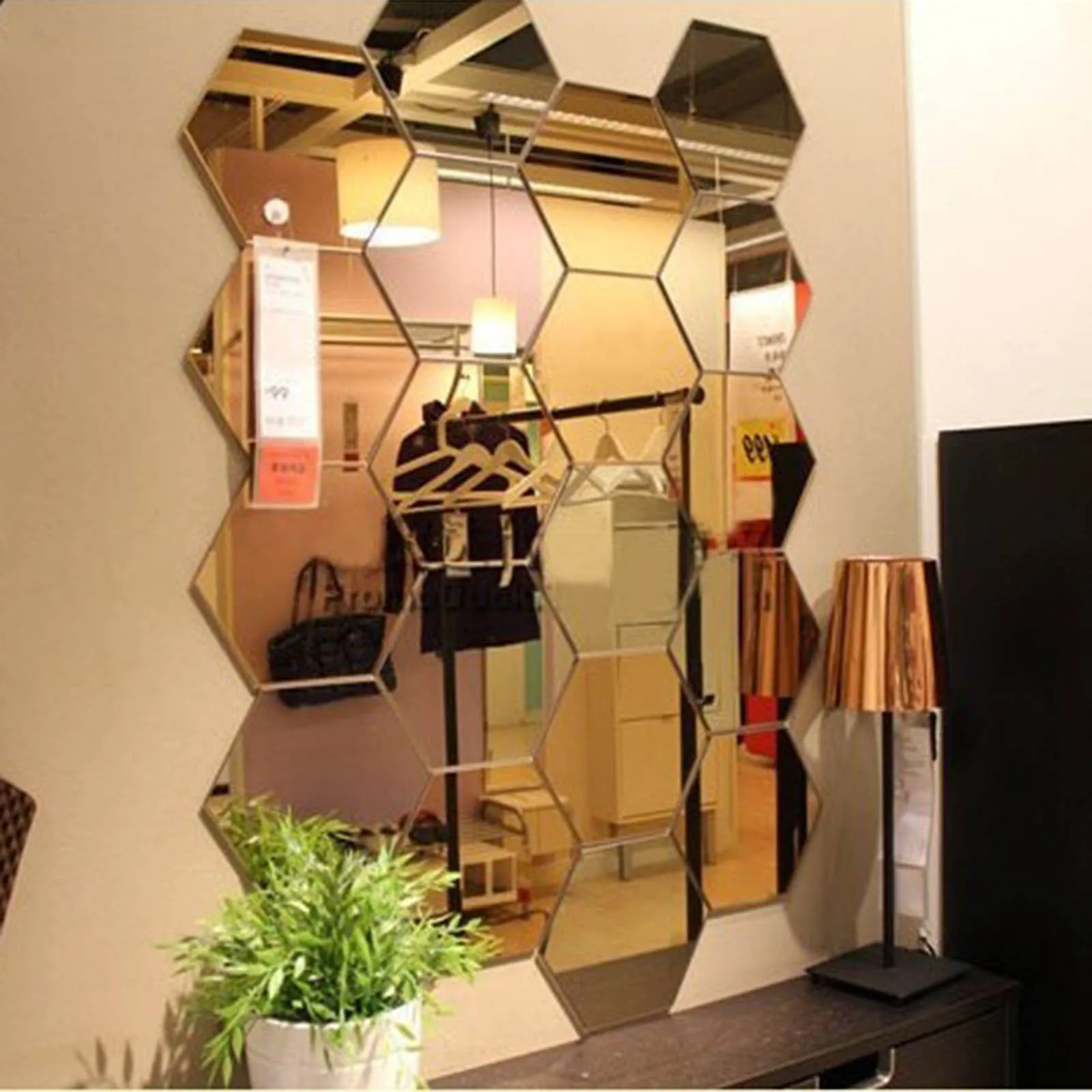 12pcs Hexagon Mirror Wall Art Sticker Personalized Living Room Decoration DIY Household Decorative Tiles Sticker 4.6x4cm