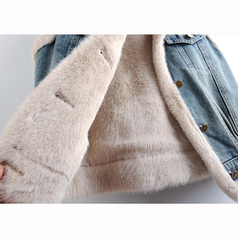 

Autumn Winter Women Slim Short Denim Vest Lapel Single-Breasted Sleeveless Warm Faux Rabbit Fur Liner Cowboy Waistcoat Dark Blue