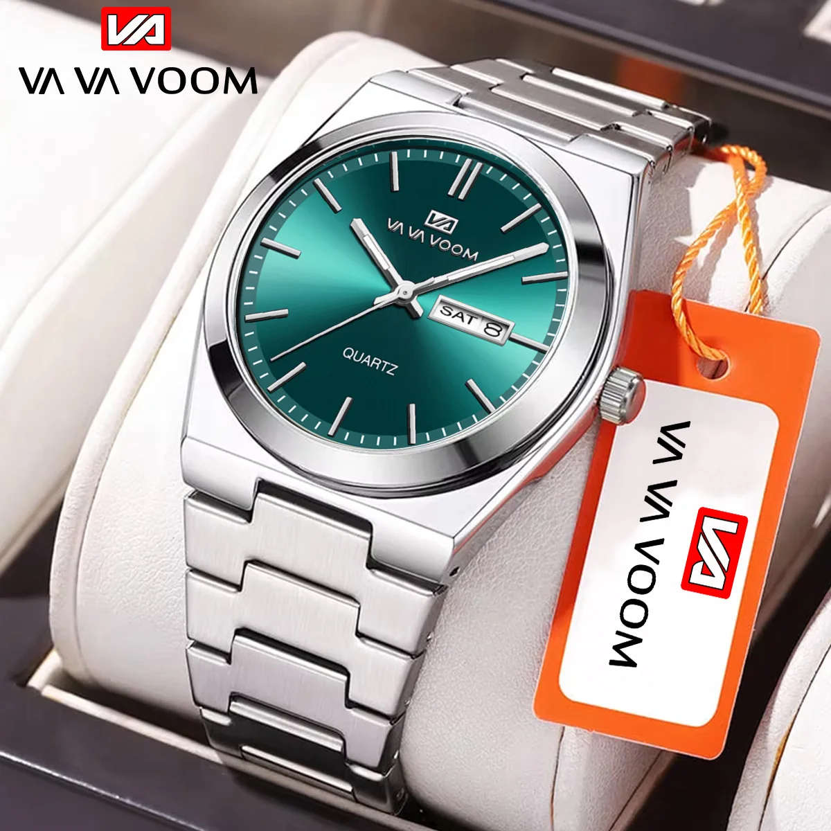 

VA VA VOOM Brand Stainless Steel Men Watch Business Blue Silver 40mm Classic Clock 3Bar Waterproof Week Quartz Movement Watches