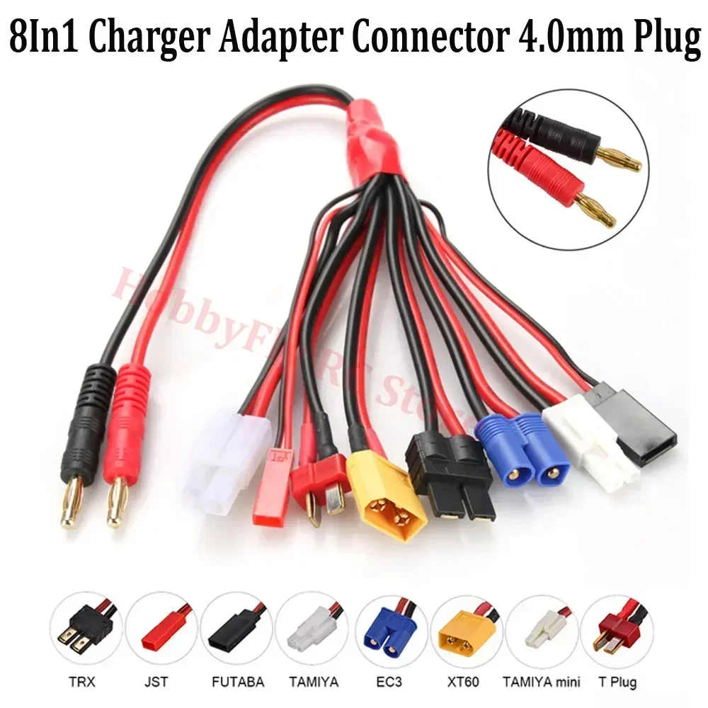 Conector adaptador de carregador rc 8 em 1, carregador 4.0mm banana/xt60 trx tamiya lipo para carro rc drone imax b6 b6ac conector de bateria