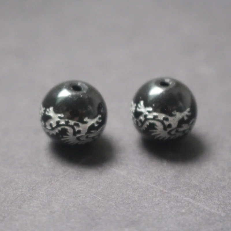 10Piece/lot 8mm 10mm 12mm 14mm Glass Beads Black Color with Carving  Silver Color Dragon  Fashion Beads For Jewelry Making