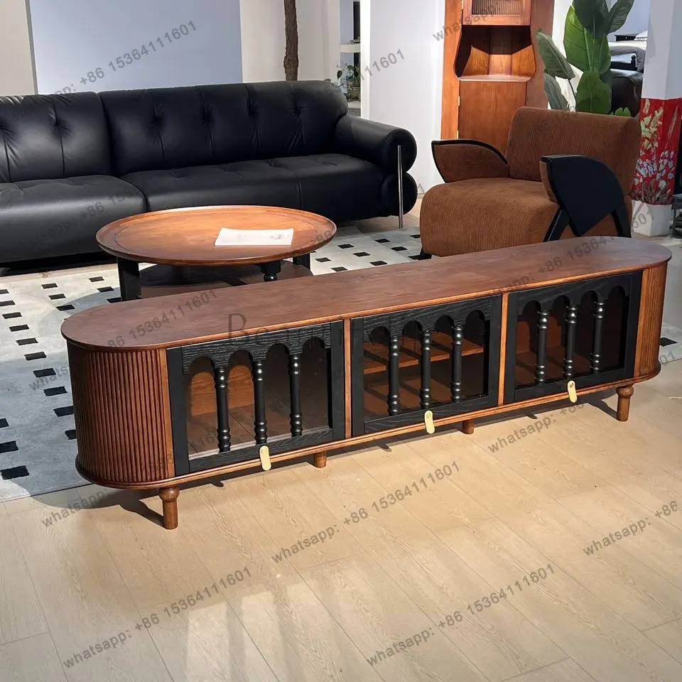LD French medieval ripple solid wood TV cabinet retro storage cabinet