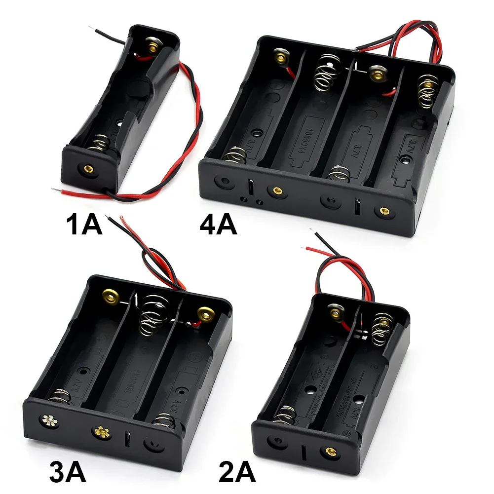 18650 Battery Storage Box Case Black Plastic 1/2/3/4 Slot DIY Batteries Clip Holder Container with Wire Lead for 18650 3.7V