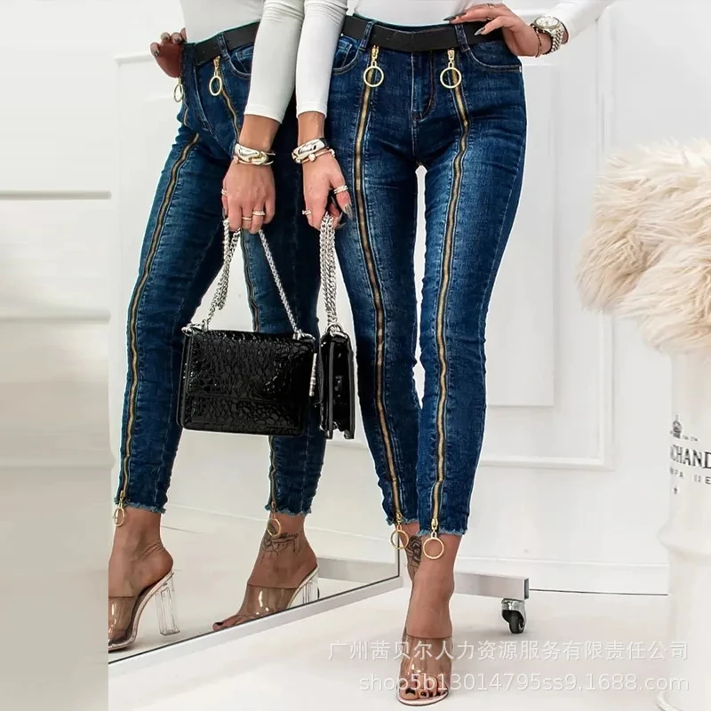 

O-Ring Zipper Decor Skinny Jeans 2023 Autumn Women Long Pants Slim Fit Casual Pencil Ankle Length Trousers Button Pocket Jeans