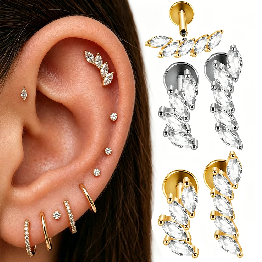 1PC Stainless Steel Marquise CZ Lip Ring Ear Cartilage Tragus Internally Threaded Helix Lobe Earrings Daith Piercing Jewelry 16G