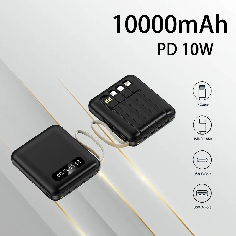 Lightweight Portable 10000mAh Power Bank Fast Charging Built in Cable Reliable Mobile Power Supply for Outdoor Camping Travel
