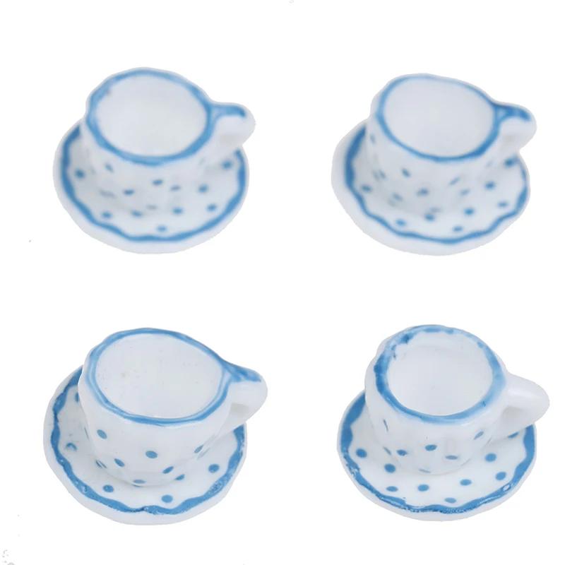 15Pcs 1:12 Dollhouse miniature blue dot tableware porcelain coffee tea cups set