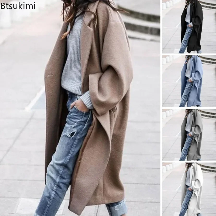 

New2024 Women's Casual Long Overcoat Jacket Blends Solid Turn-down Collar Woolen Coat Female Autumn Winter Office Women Clothing