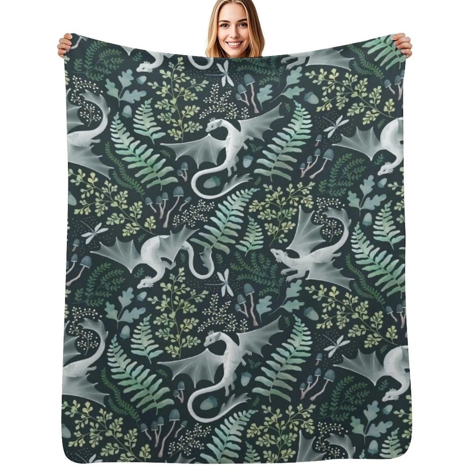 

Forest dragons in shades of green on a dark green background Throw Blanket Lightweight Warm Blanket for Travel Camping
