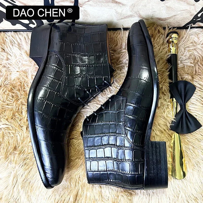 LUXURY MEN\'S BOOTS BLACK CROCODILE PRINT ANKLE BOOTS LACE UP MEN DRESS SHOE OFFICE WEDDING GENUINE LEATHER BOOTS FOR MEN