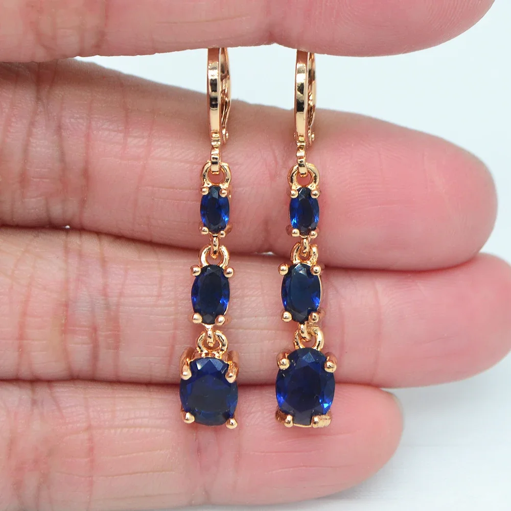 Women Gold Color Fashion Oval Blue CZ Cubic Zirconia Dangle Earrings Jewelry