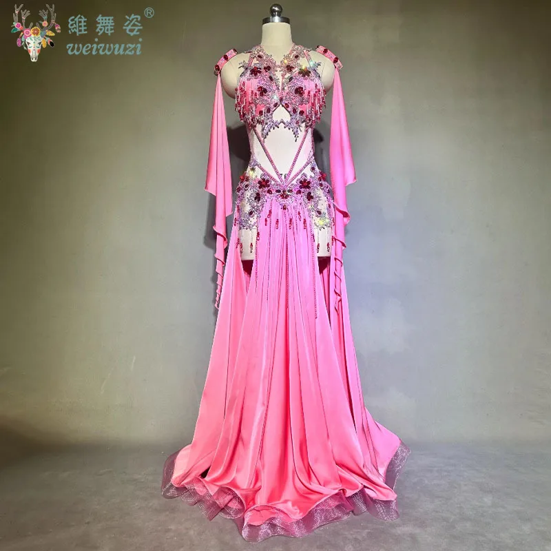 

Костюм для танца живота, женский индивидуальный бюстгальтер с камнями AB для пожилых людей + длинная юбка с разрезом + рукава, комплект для соревнований по восточному танцам