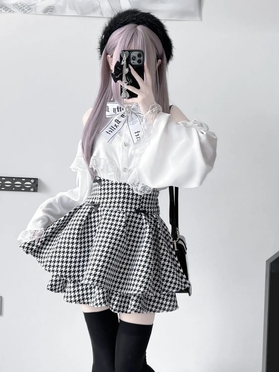 Japanese Mine Style Sweet Lolita Girl Lace Off-Shoulder Long Sleeve Shirts High Waist Plaid Skirts Two-piece Sets Women Spring