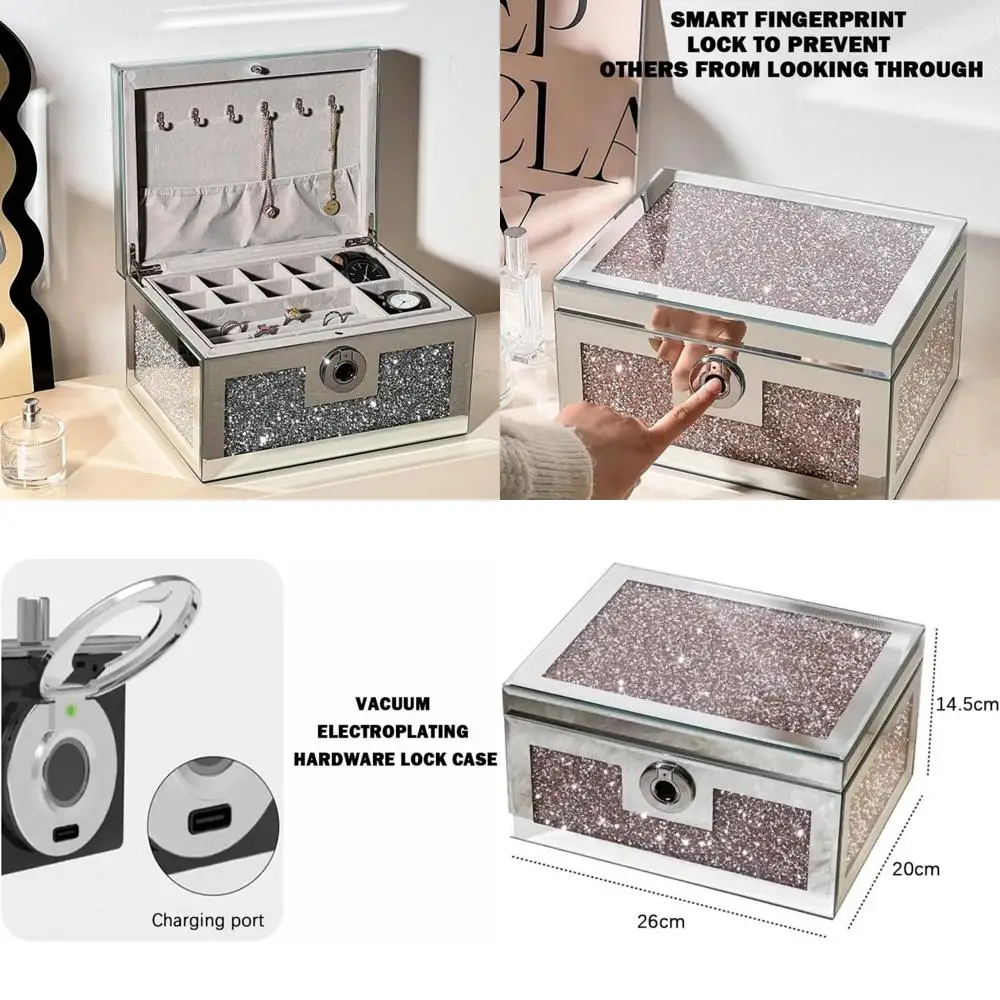 

Fingerprint Unlock Jewelry Storage Box - Elegant Rhinestone Silver Multi-Layer Safe Cabinet with Security