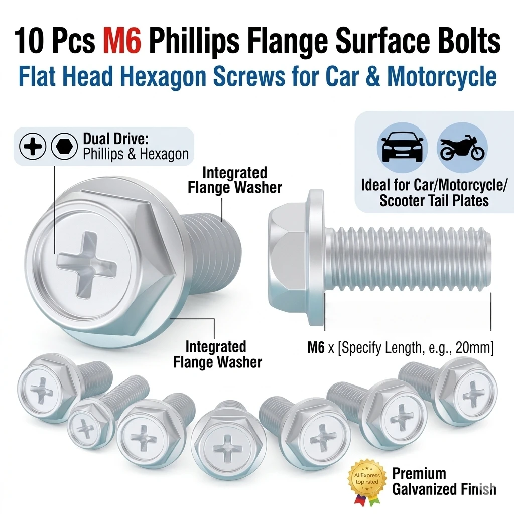 10Pcs M6 Phillips Hex Flange Bolts Nuts Car Motorcycle Scooter Moped License Plate Screw Washer Combination Hexagon Tail Bracket