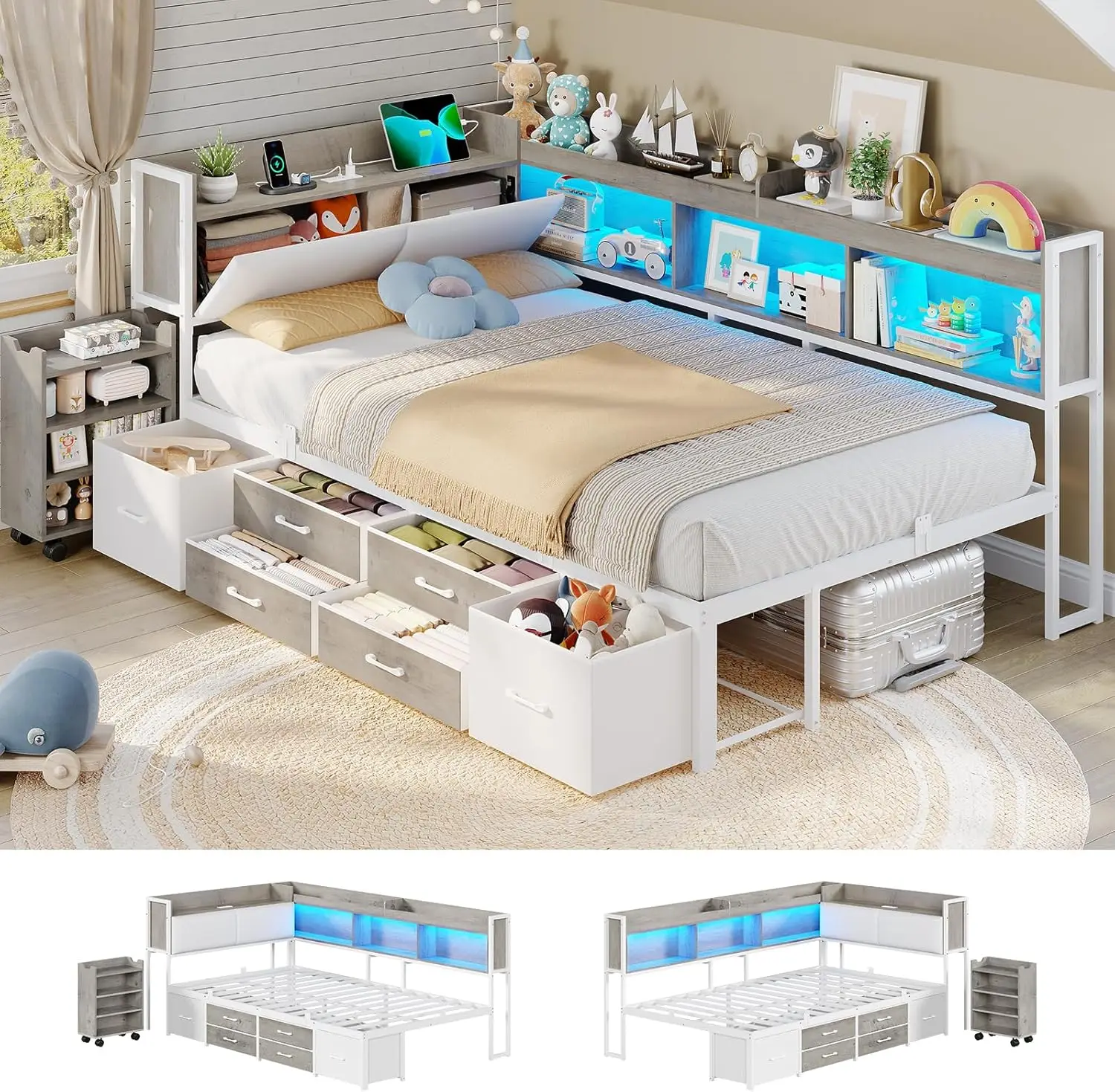 

14 Inch Corner Bed Frame w Pull Out Cabinet Bookcase Headboard Storage Twin LED Daybed w 6 Drawers