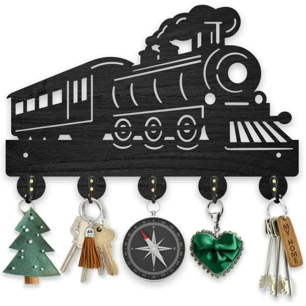 Wooden Steam Train Coat Rack Wall Mount Vintage Retro Train Key Hanger for Wall 11.8×7.9inch Train Tracks Key Holder Key Rack