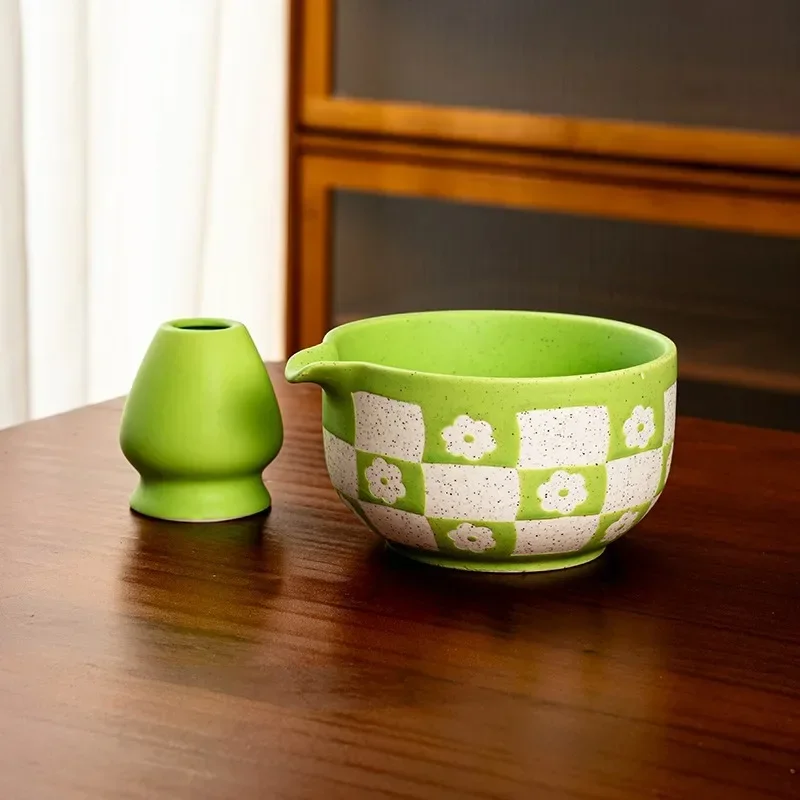 Ceramic Matcha Whisk Set with Checkered Flower Bowl Traditional Japanese Matcha Preparation Tool for Tea Ceremony