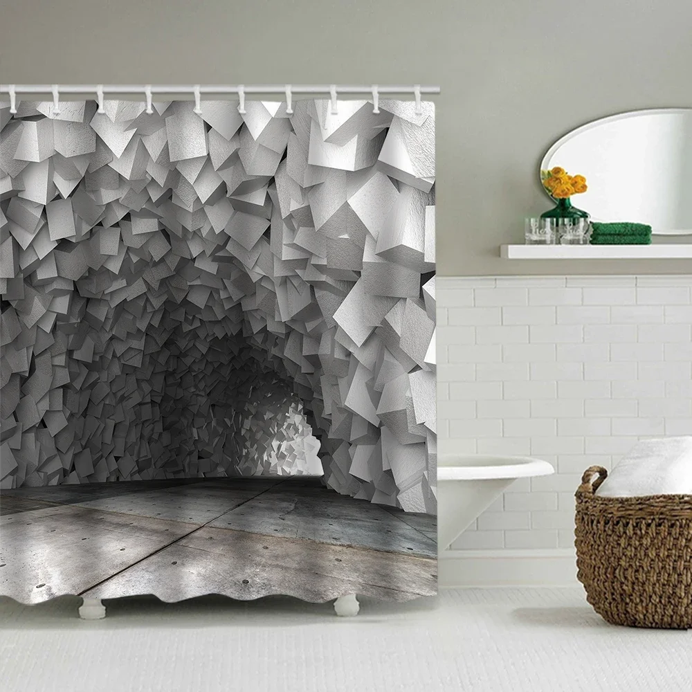 1/4 Stone wall tunnel shower Curtains, Toilet Seat Decoration, Shower Curtain with Carpet and Toilet Lid, 12 70.8x70.8 inch Hook