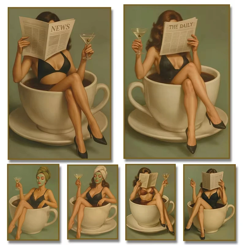 Fun and Fashionable “Woman in a Coffee Cup” Poster Sexy Woman Holding a Martini Frameless Canvas Print Home Decor