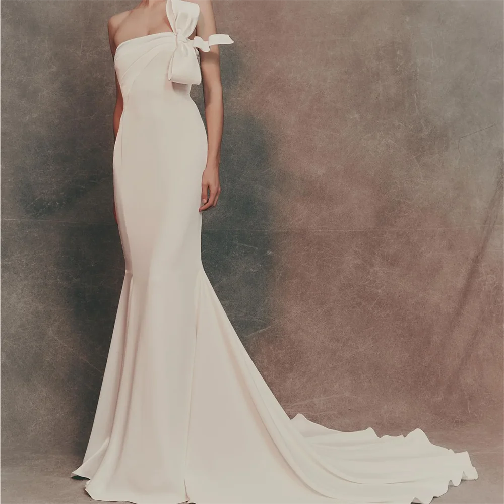클래식 끈 없는 리본 민소매 심플 머메이드 신부 웨딩드레스 맞춤 제작