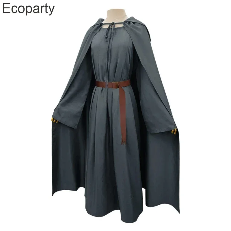 2025 NewHalloweeen Gandalf Cosplay Costume Men Medieval Retro Sorcerer Uniform White Grey Hooded Cloak Suit Carnival Par AA