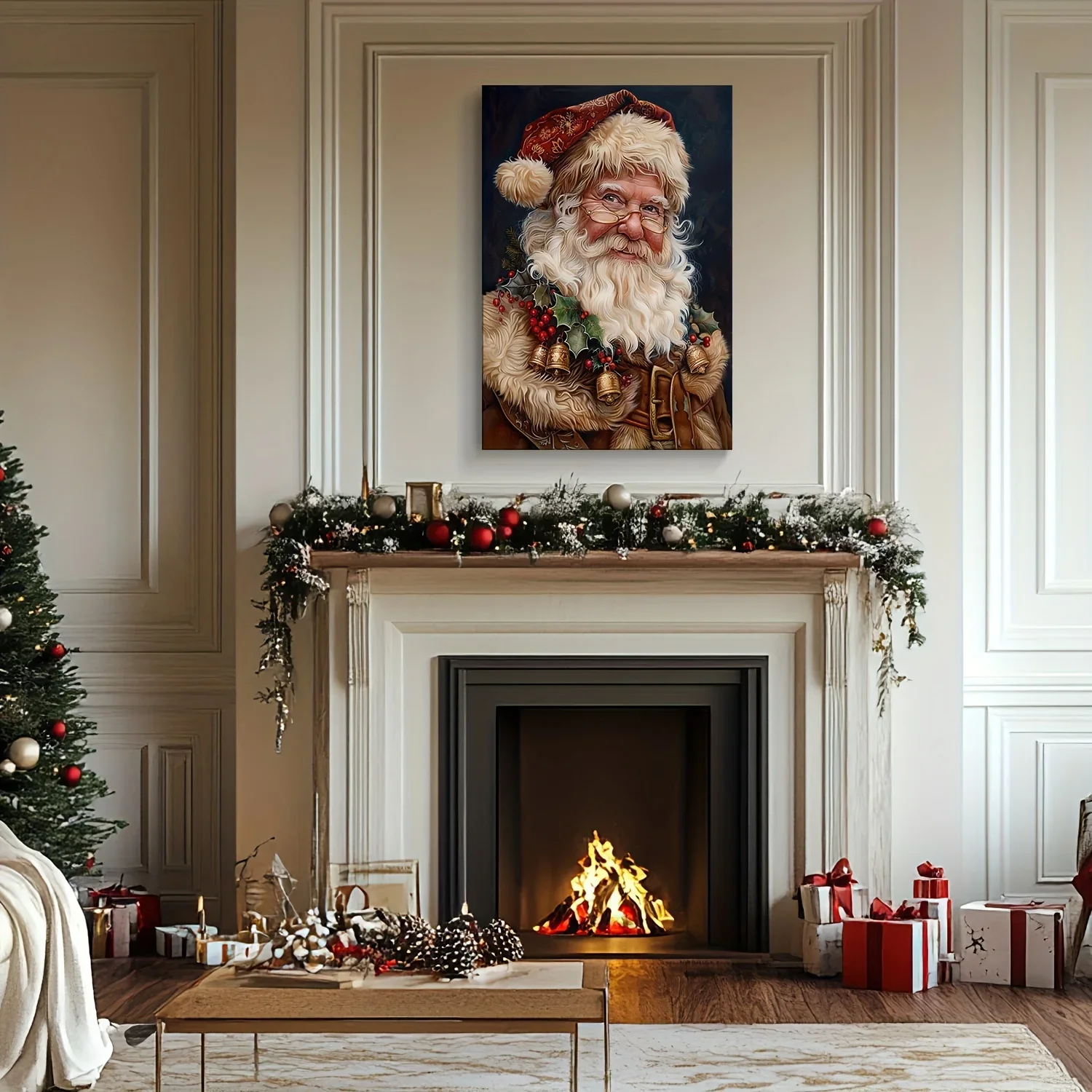 1 x Weihnachts-Leinwand-Wandbild mit Rahmen, klassisches Weihnachtsmann-Porträt, geeignet für Wohnzimmer, Schlafzimmer, Ferienhaus-Dekoration