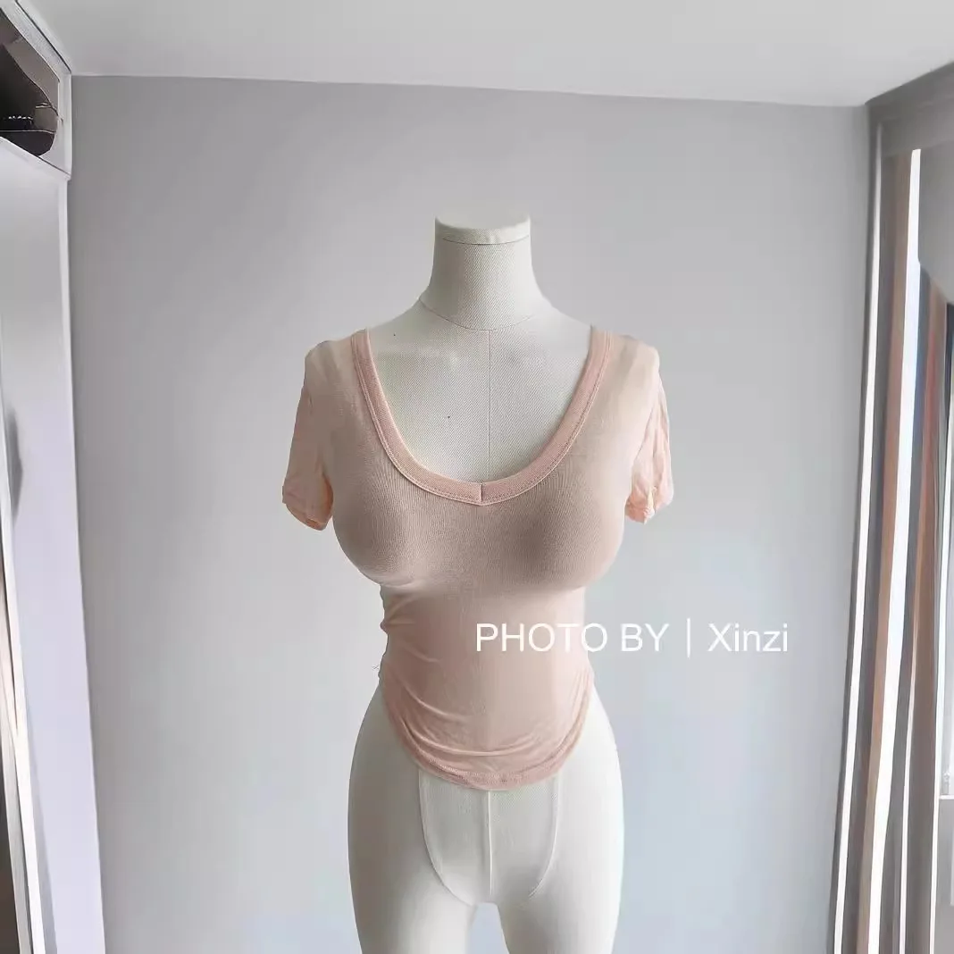 Wholesale Sexy V Neck Tight Tops Slim Fit T Shirt Women Summer High Strecth Tee Shirts Korean Short Sleeve Solid Short Thin Top