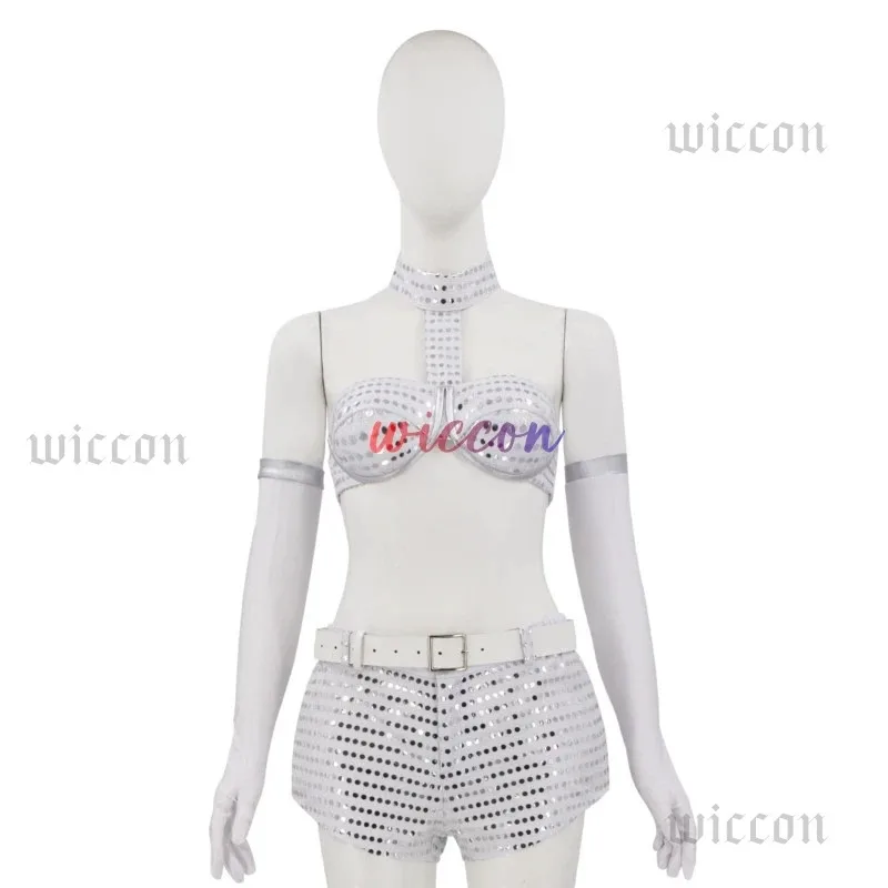 Movie Austin Powers Cosplay Woman Robot Costume Sexy Top Bra shorts Suit Stage Performance Outfit Halloween Party Sliver Clothes