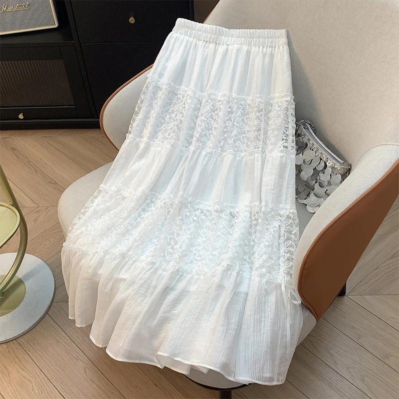 Gonna longuette a trapezio bianca gonfia da donna Inizio autunno 2025 Gonna svasata con finiture in pizzo Cotone Lyocell Vita alta Pendolarismo Ci