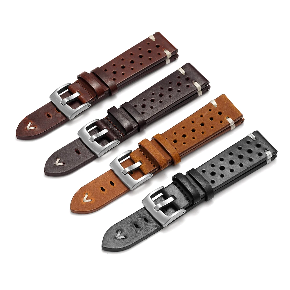 Vintage Italian Waxed Leather Watch Band 18mm 20mm 22mm Men Watch Leather Strap Belt Side Stitch Strap