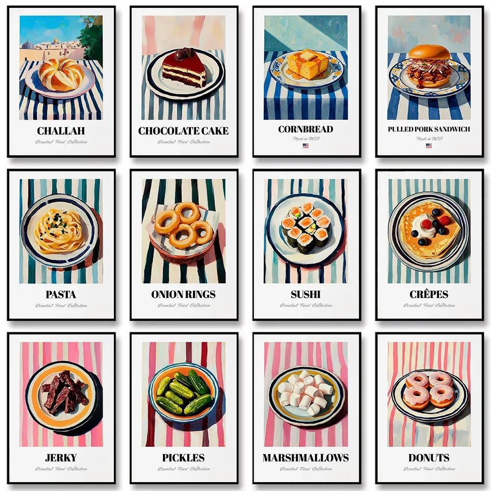 Retro Kitchen Famous Local Delicacies Pasta Burger Dessert Canvas Painting Wall Art Poster Picture Home Decor Mural Cuadros