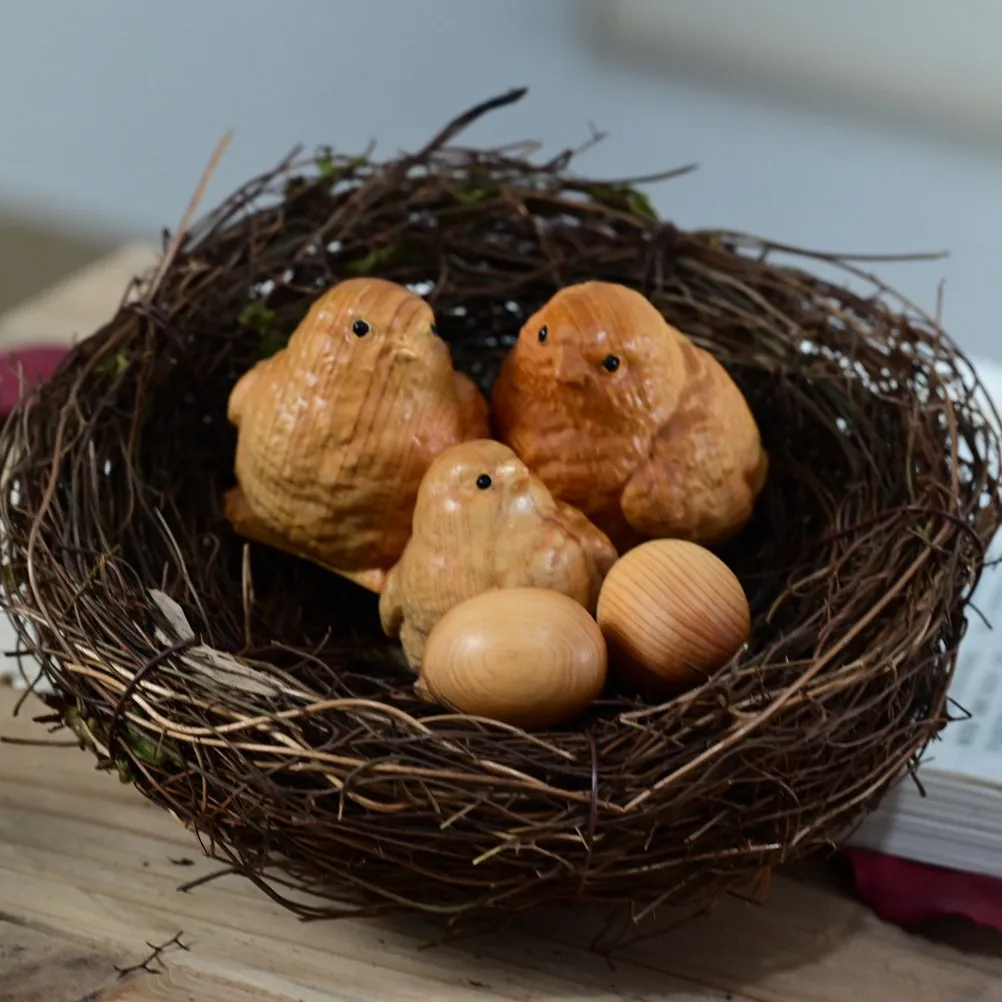 1Set Solid Wood Carved Chick Statue Nest Included Lifelike Nature Inspired Decorative Piece for Easter Party Souvenir Wooden