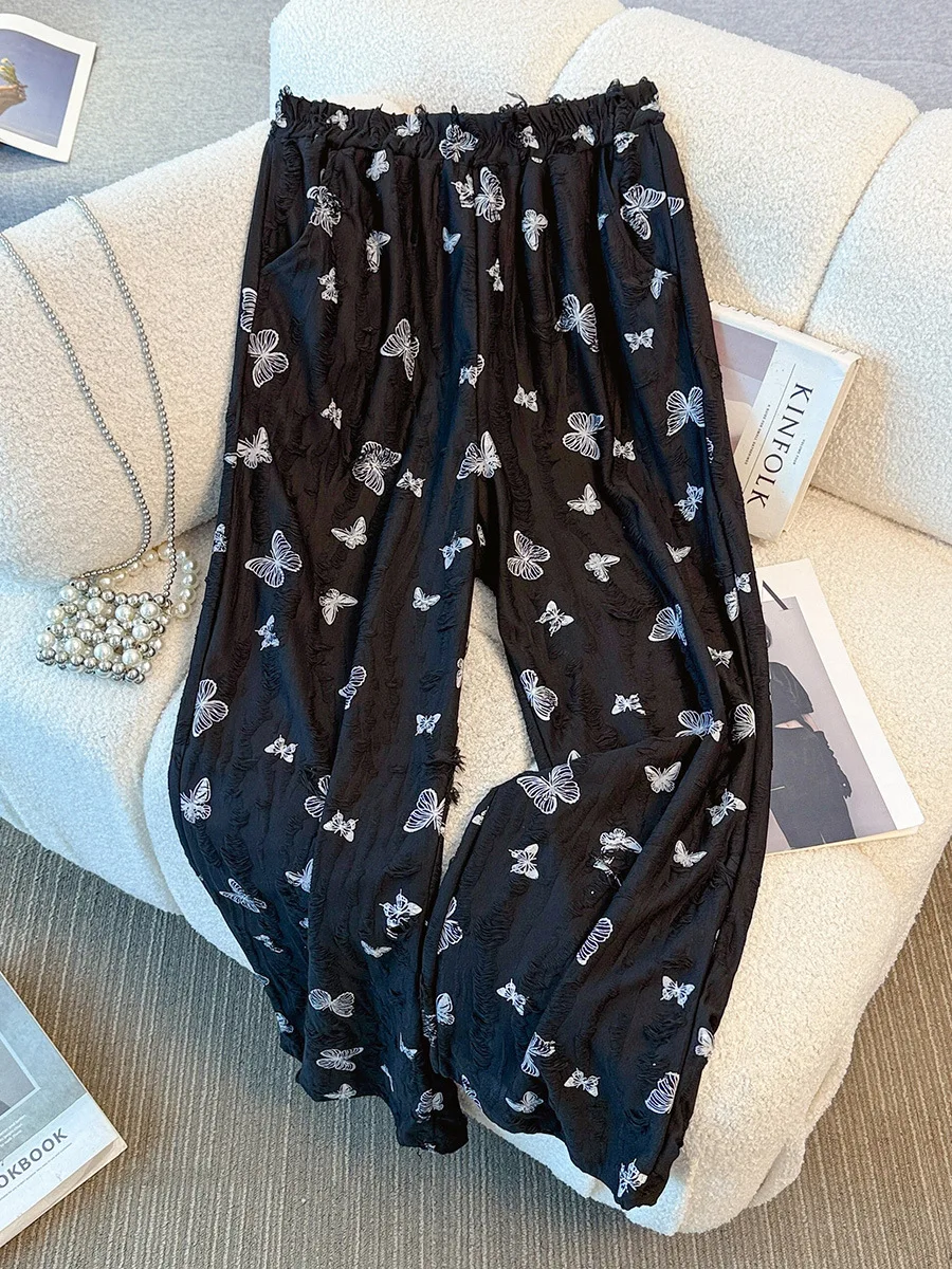 150Kg Plus Size Women's Hip 150 Autumn Butterfly Embroidery High Waist Wide Leg Hanging Casual Pants Black 5XL 6XL 7XL 8XL 9XL