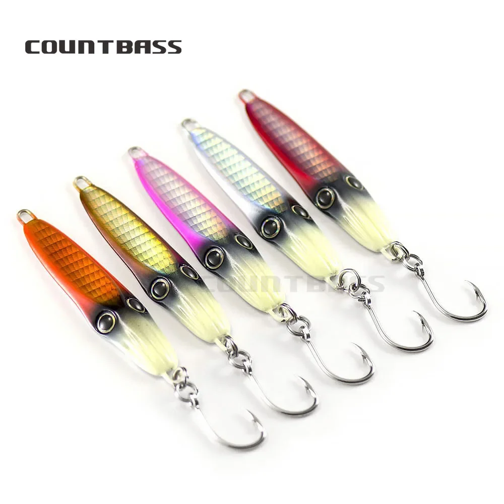 COUNTBASS 5PCS 30g 1.06oz Luminous Squid Jigging Lures rigged VMC hook, Metal Fishing Lure Bass Game Snapper Jigs