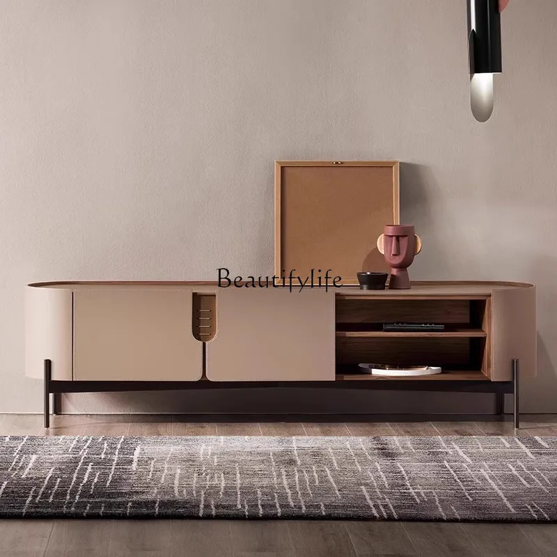 

02 Italian minimalist saddle leather TV cabinet living room floor cabinet small apartment modern minimalist high-end retro