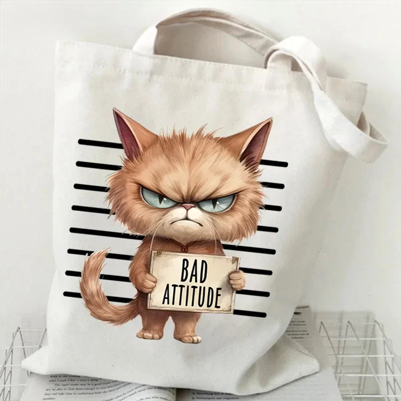 

Cartoon Coffee Cat Shoulder Bag Women Harajuku Fashion Funny Canvas Tote Bag "I Don't Like Morning People" Teen Shopper Handbag