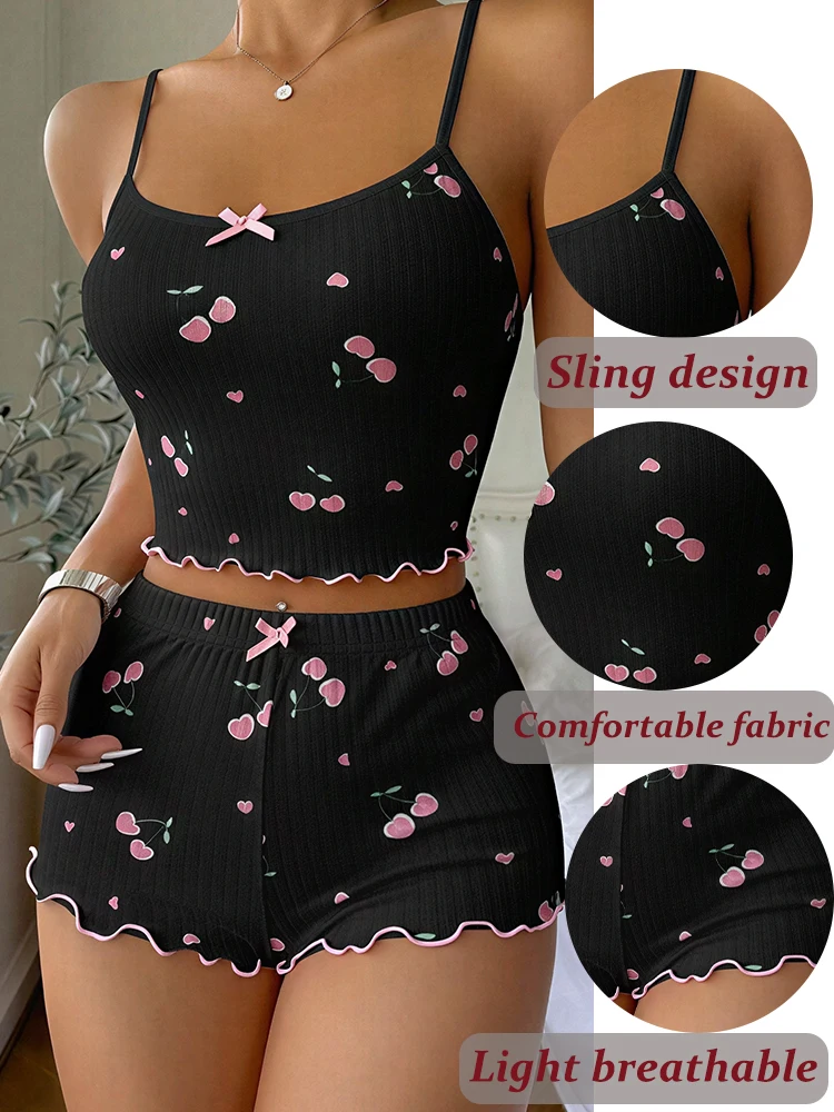 2PCS Sexy Heart Print Pajama Set for Women Sleepwear Silk Stain Round Neck Sleeveless Casual Cami Top and Shorts Sets Loungewear view 5