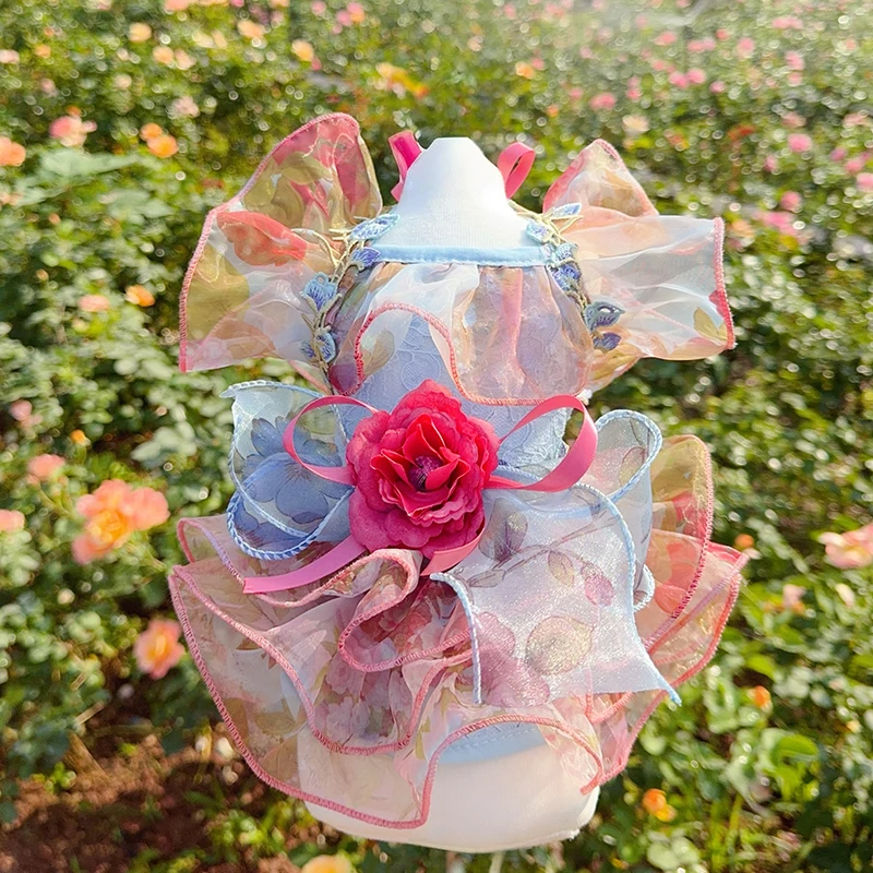Princess Style Lace Tail Gown for Small & Medium Dogs Chihuahua Poodle Fashion Pet Clothing Luxury Handmade Flower Print Dress