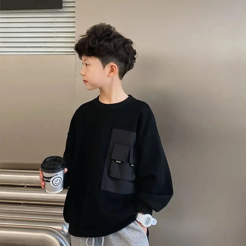 

Толстовка для мальчиков, весна-осень 2025, новый детский пуловер с длинными рукавами, топ для детей среднего и старшего возраста, свободная весенняя одежда