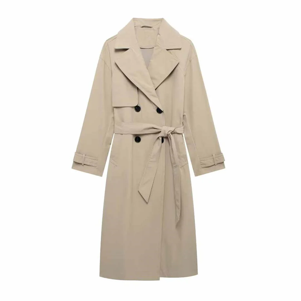 PB&ZA2024 Autumn New Product Casual Women's Fashion Solid Color Collar Button Decoration with Belt Midi Wind Coat Coat