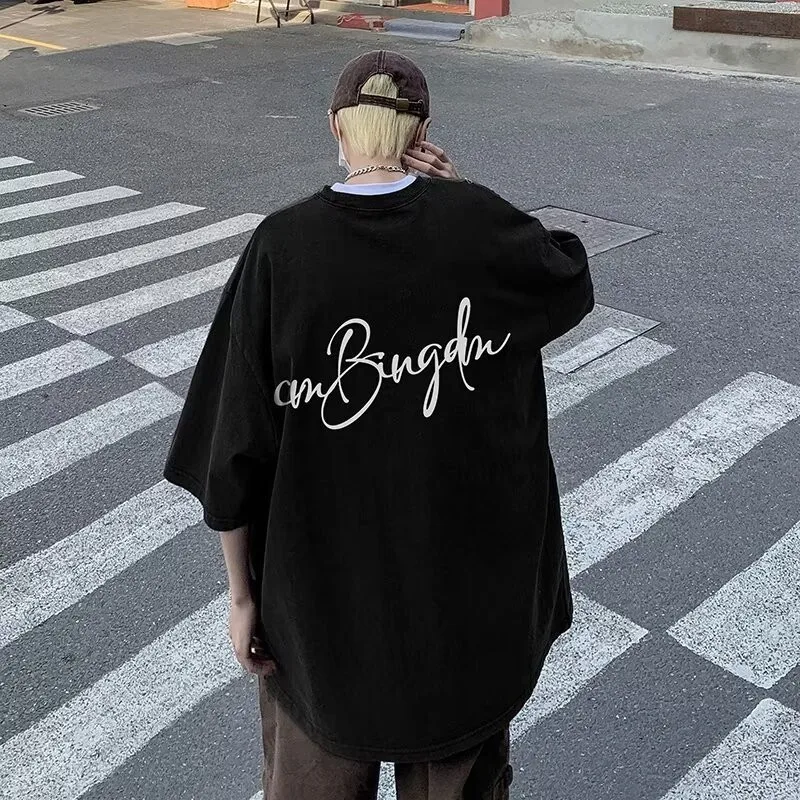 M-8XL Summer Men Oversized T-shirt Korean Casual Loose Style Letter Star Signature Print T-shirt Suitable for Both Men and Women