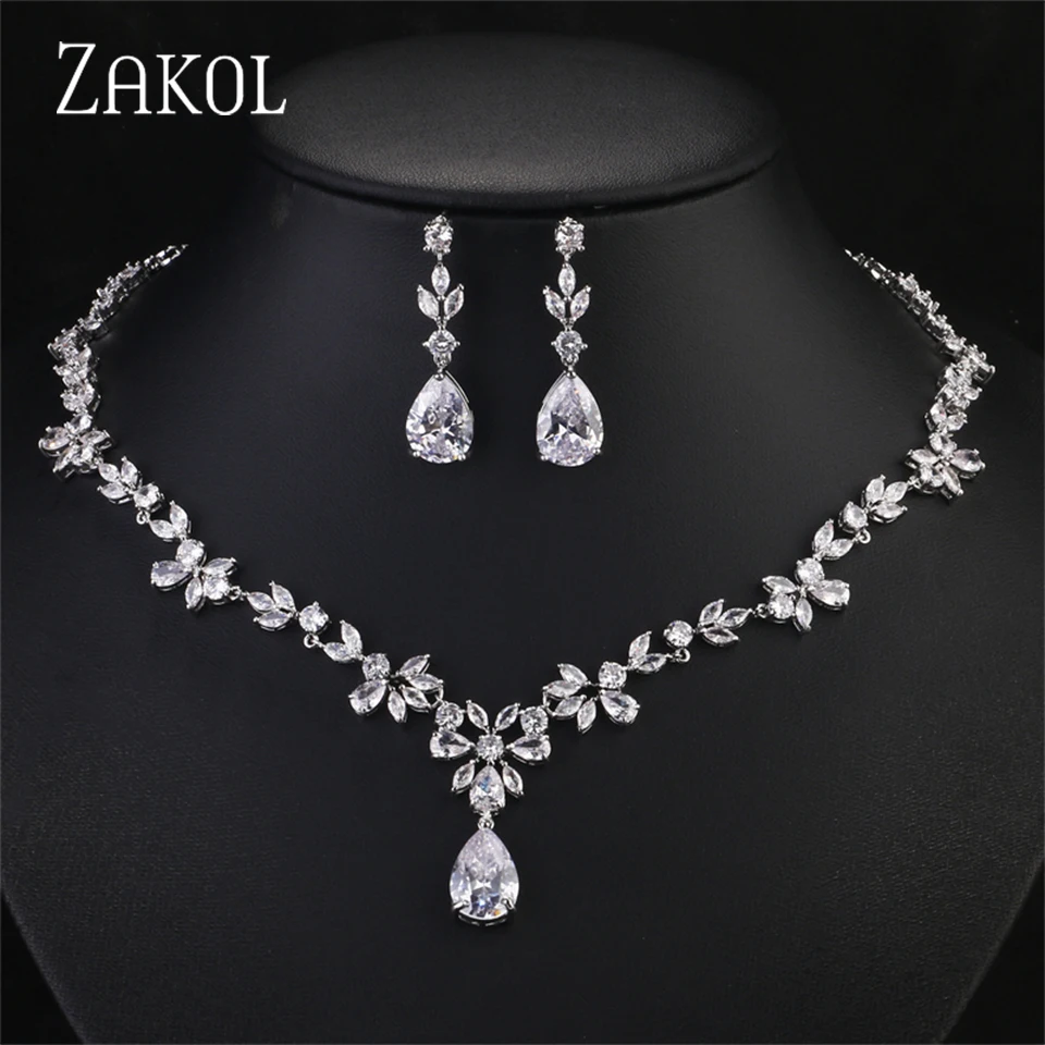 ZAKOL Brand Luxury AAA Zircon Earrings Necklace Jewelry Set Gorgeous Crystal Dubai Wedding Party Jewelry