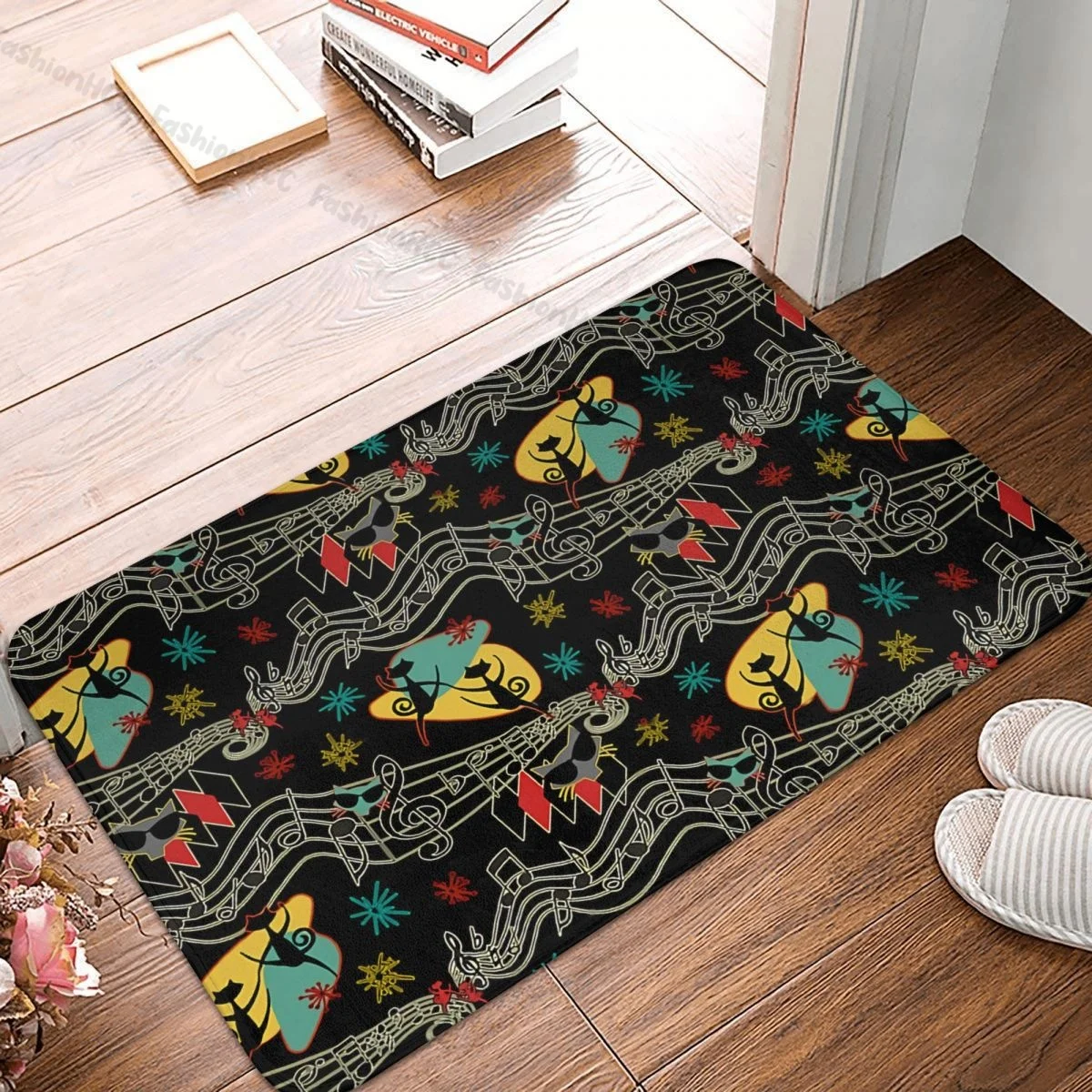 Black Metal Non-slip Doormat Rockabilly Cool Cats On Black Bath Bedroom Mat Outdoor Carpet Flannel Pattern Decor