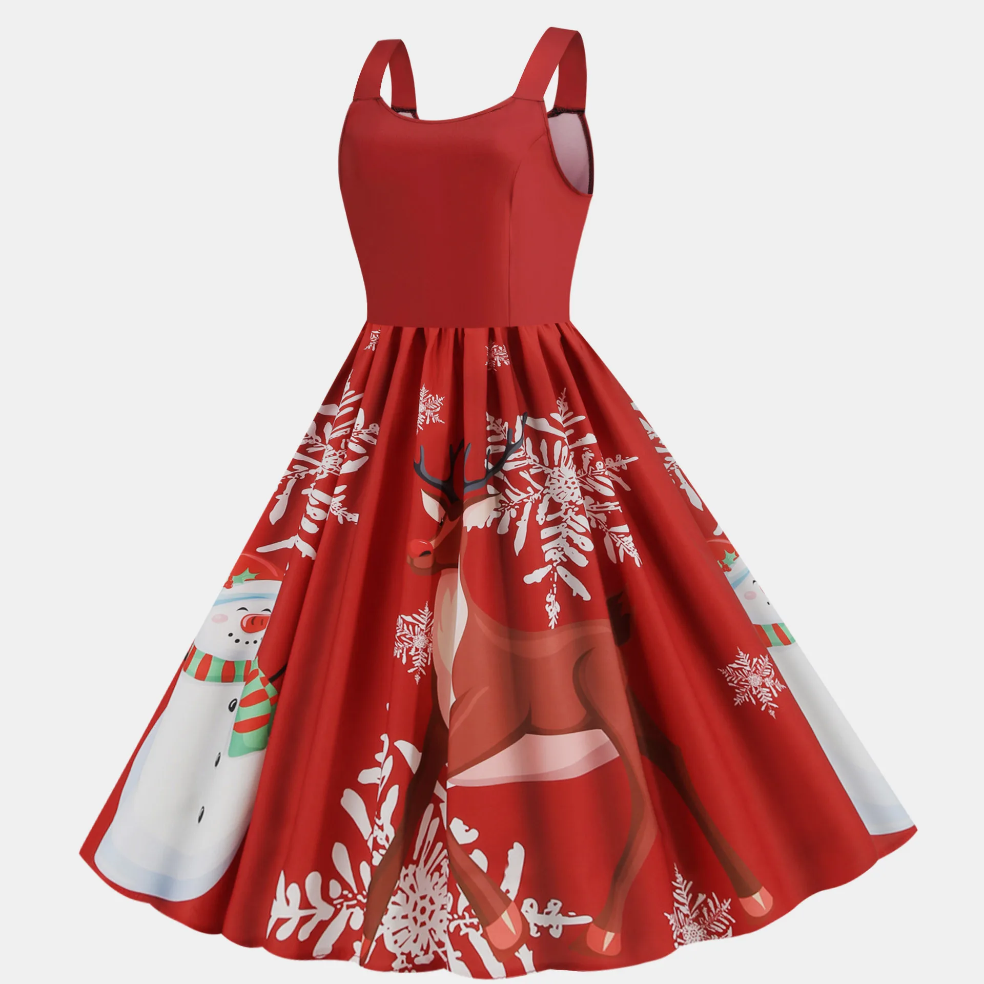 Womens Retro Christmas Dress Santa Claus Printed Sleeveless High Waist Dress for Christmas Birthday New Year