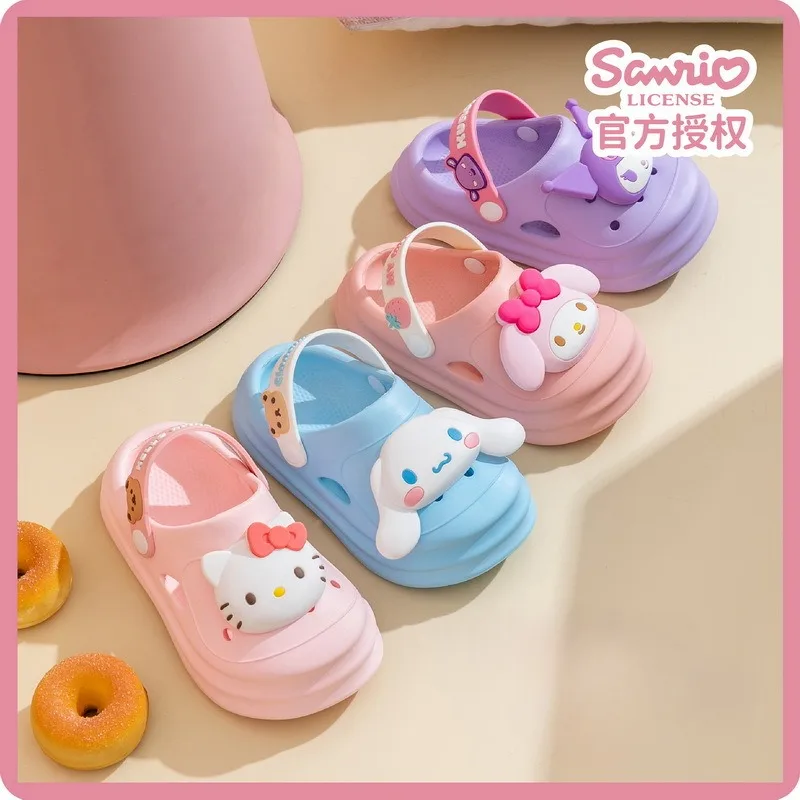 

Детские летние тапочки Sanrio, Hello Kitty Cinnamoroll Kuromi, милые Мультяшные противоскользящие пляжные прямые тапочки на толстой подошве