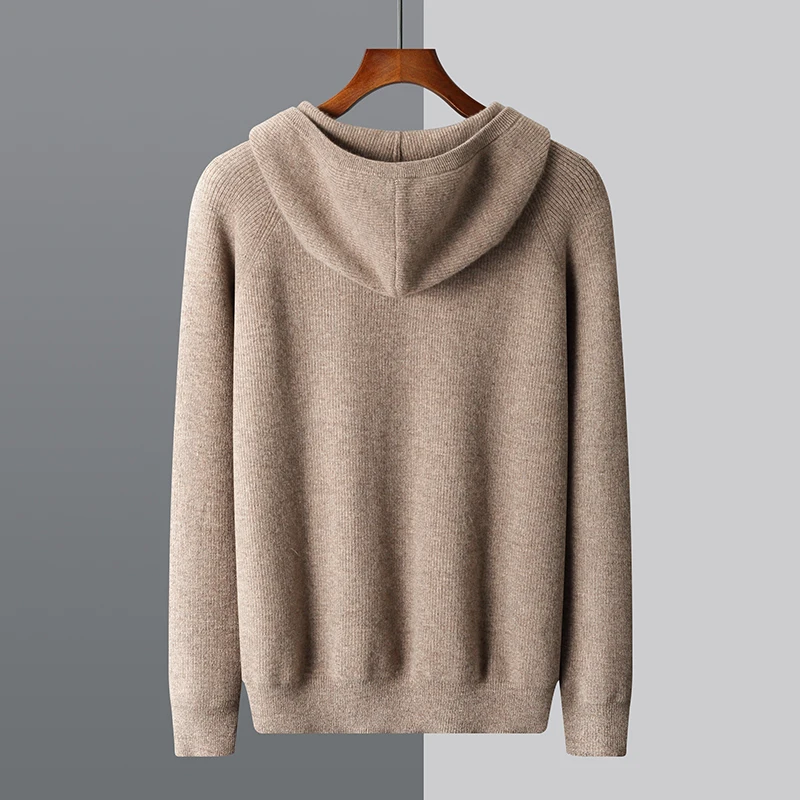 Autumn and winter new 100% Merino wool thick cashmere hoodie men's coat Zipper cardigan sport hoodie hoodie sweater knit