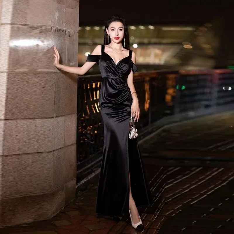 Hot Selling No. 85Suspender Slimming Long Skirt Sexy Silky Off-the-Shoulder V-Neck Evening Gown