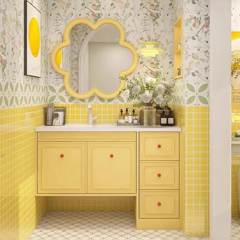 Dopamine color bathroom cabinet combination bathroom flower mirror washstand side cabinet